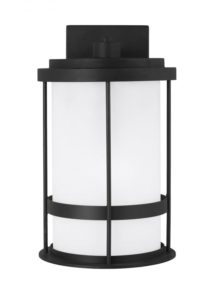 Wilburn modern 1-light LED outdoor exterior medium wall lantern sconce in black finish with satin et