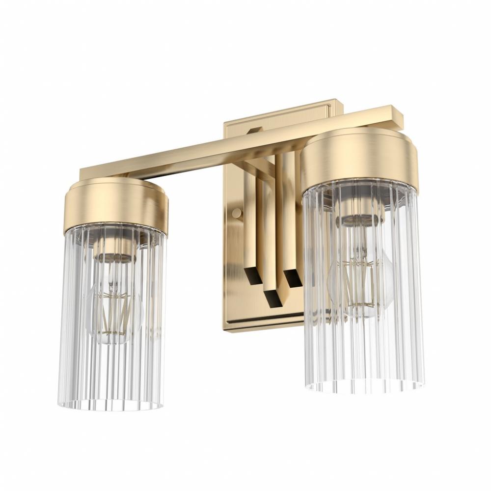 Hunter Gatz Alturas Gold with Clear Fluted Glass 2 Light Bathroom Vanity Wall Light Fixture