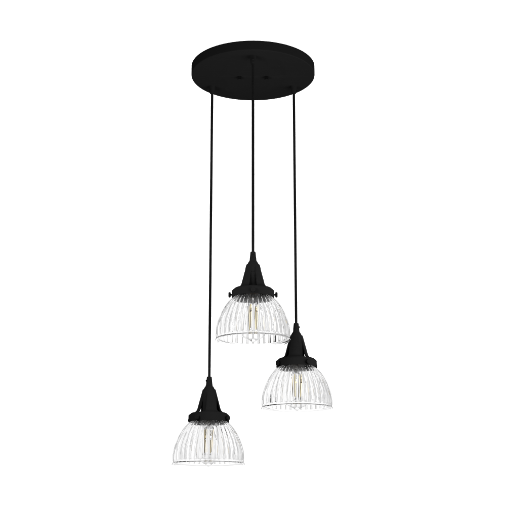 Hunter Cypress Grove Natural Black Iron with Clear Holophane Glass 3 Light Pendant Cluster